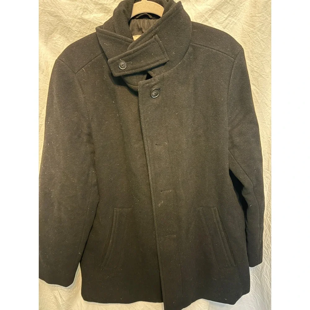 Calvin Klein Mens Black Wool Blend Quilted Lined Zip Up Button Front Coat Jacket
